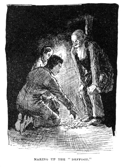 The King and the Duke crouched over a pile of gold by lamplight; Huck watching.
