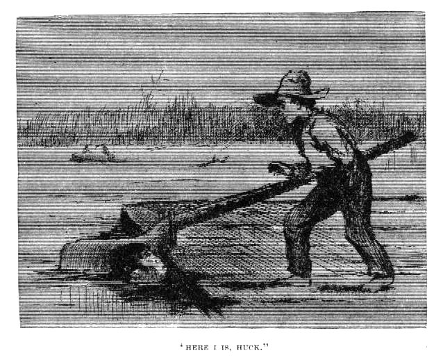Jim in the water holding to the raft’s steering oar at night.