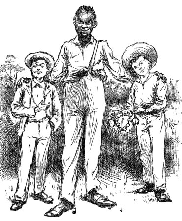 Jim standing tall between Tom and Huck; Tom holds the broken chains.