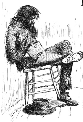 Pap Finn slouched in a chair, long hair and beard, in rags.