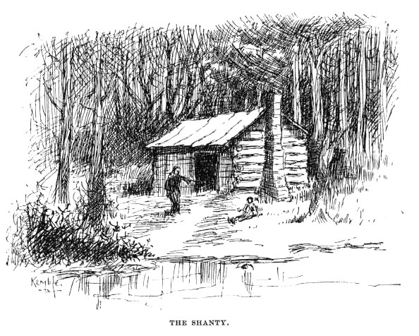 A log cabin deep in the woods by the water.