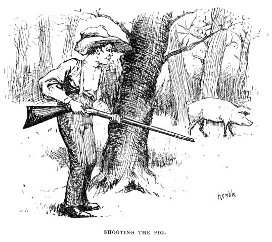 Huck aiming a rifle at a wild pig behind a tree.