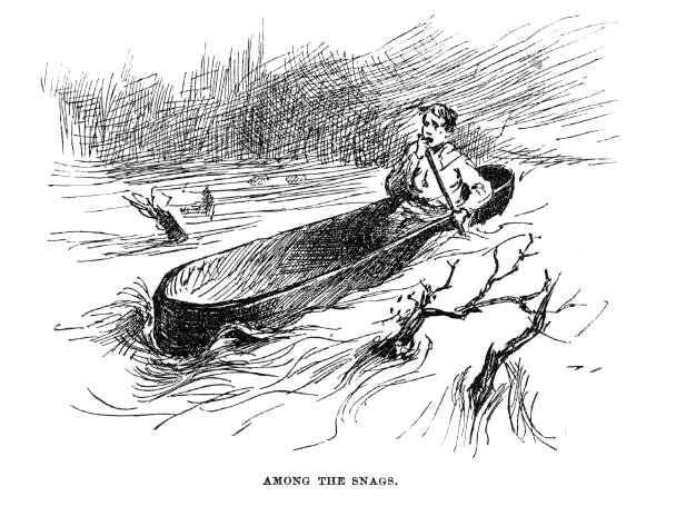 Huck paddling a canoe through snags in the fog.