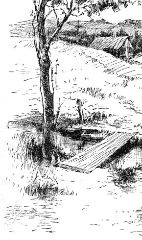 The Widow Douglas’s place: a tree, a plank footbridge and farm buildings.