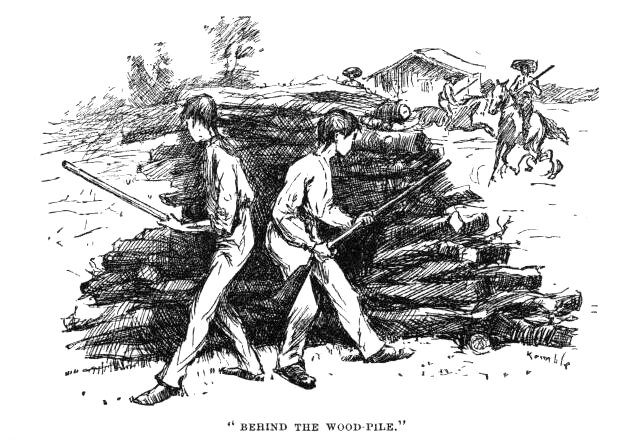 Buck and his cousin with rifles behind the wood-pile as horsemen charge.